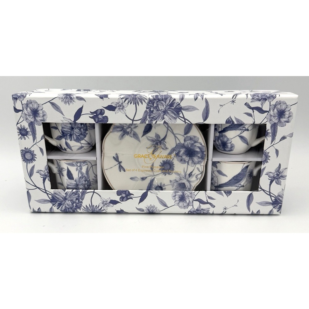 Grace Teaware Espresso TIme Gift Set Blue Floral Service for‎ Four New Sealed